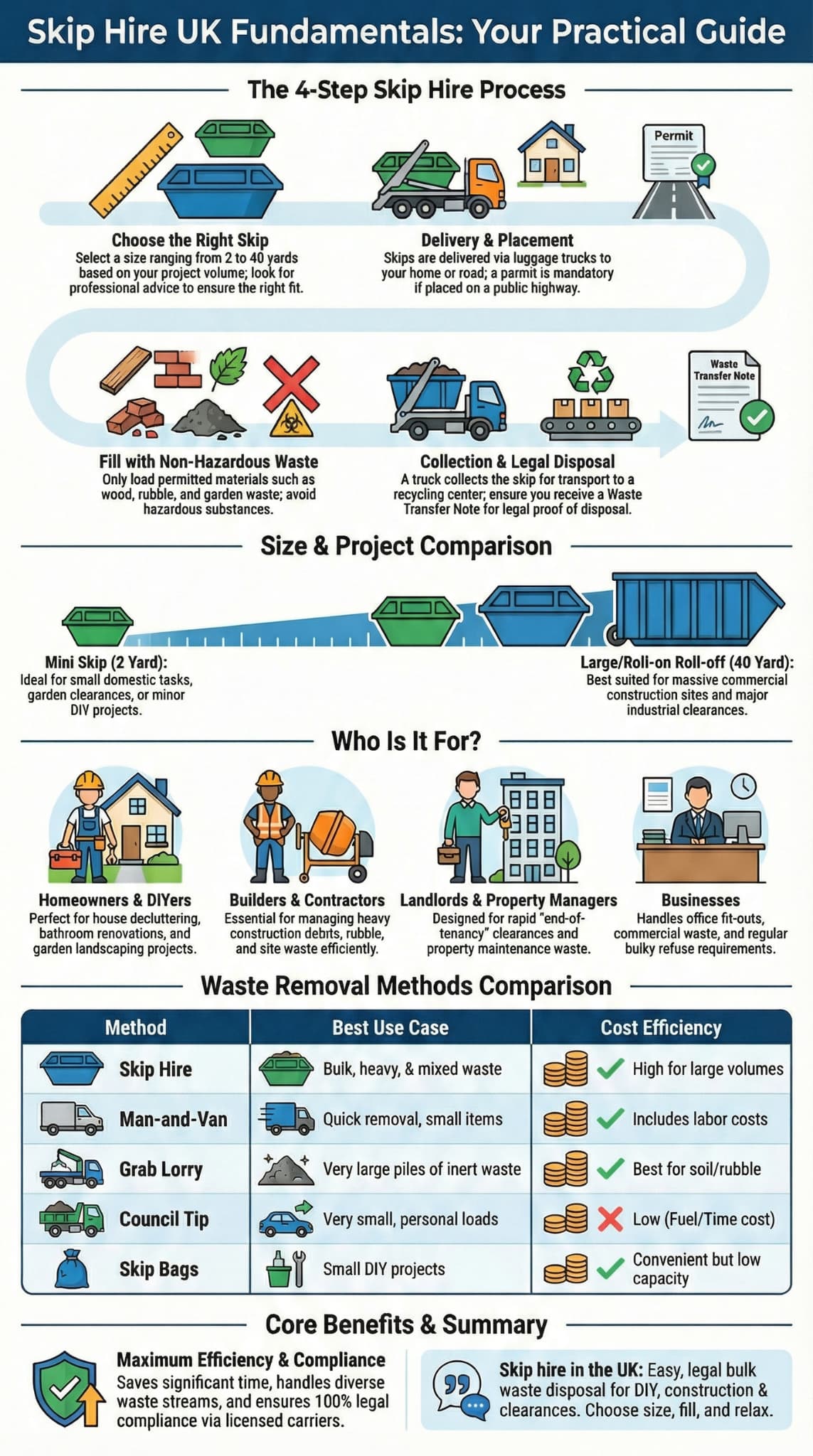 Skip Hire UK Fundamentals infographic showing the 4-step process, size comparison, and waste removal methods.