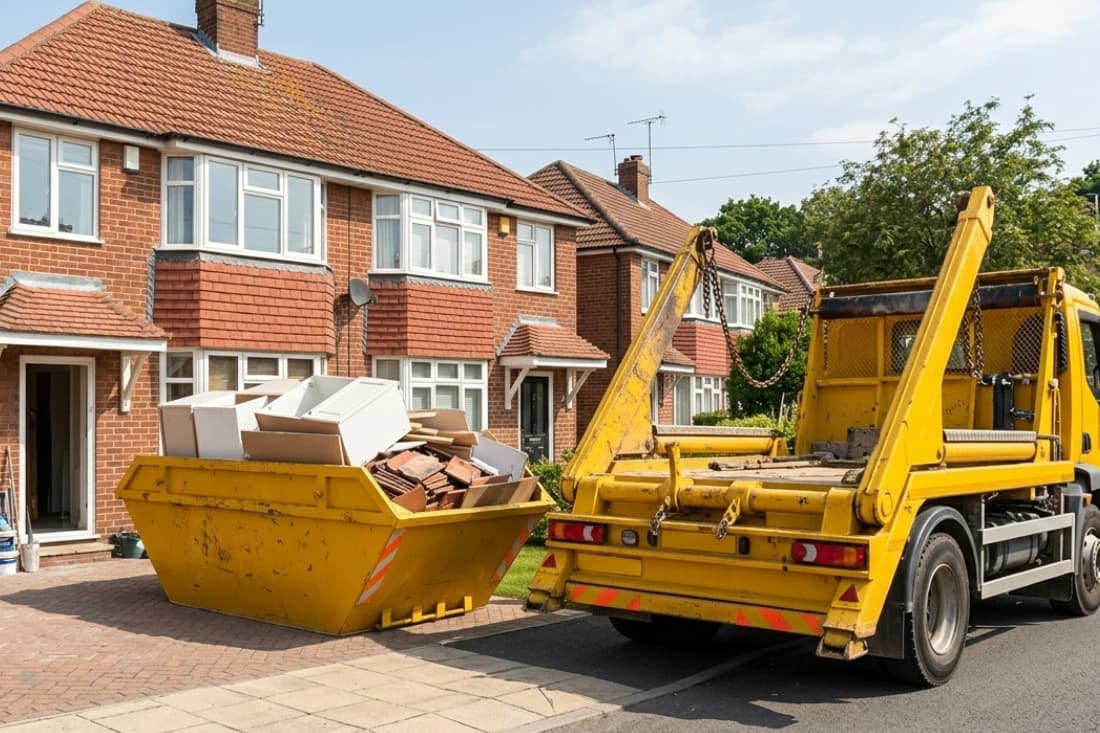 Skip Hire UK Fundamentals in action with a yellow truck collecting a loaded skip from a residential driveway.