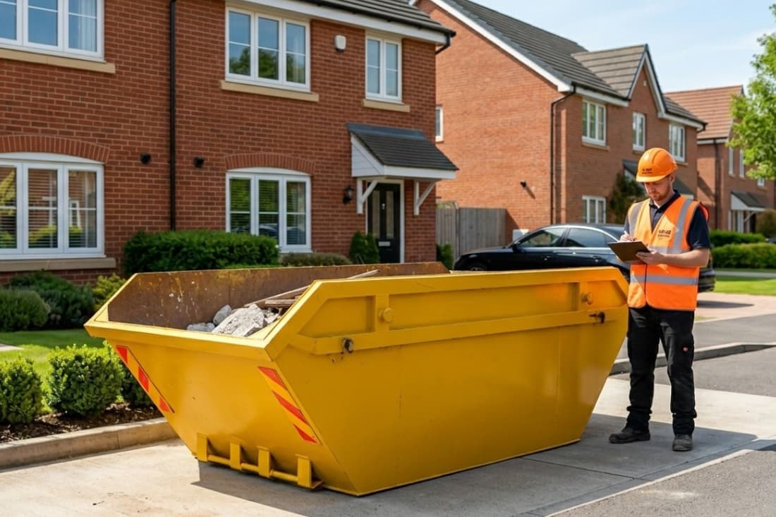 Skip hire service provider overseeing a container on a residential street, highlighting the role of skip hire in UK home improvement projects.