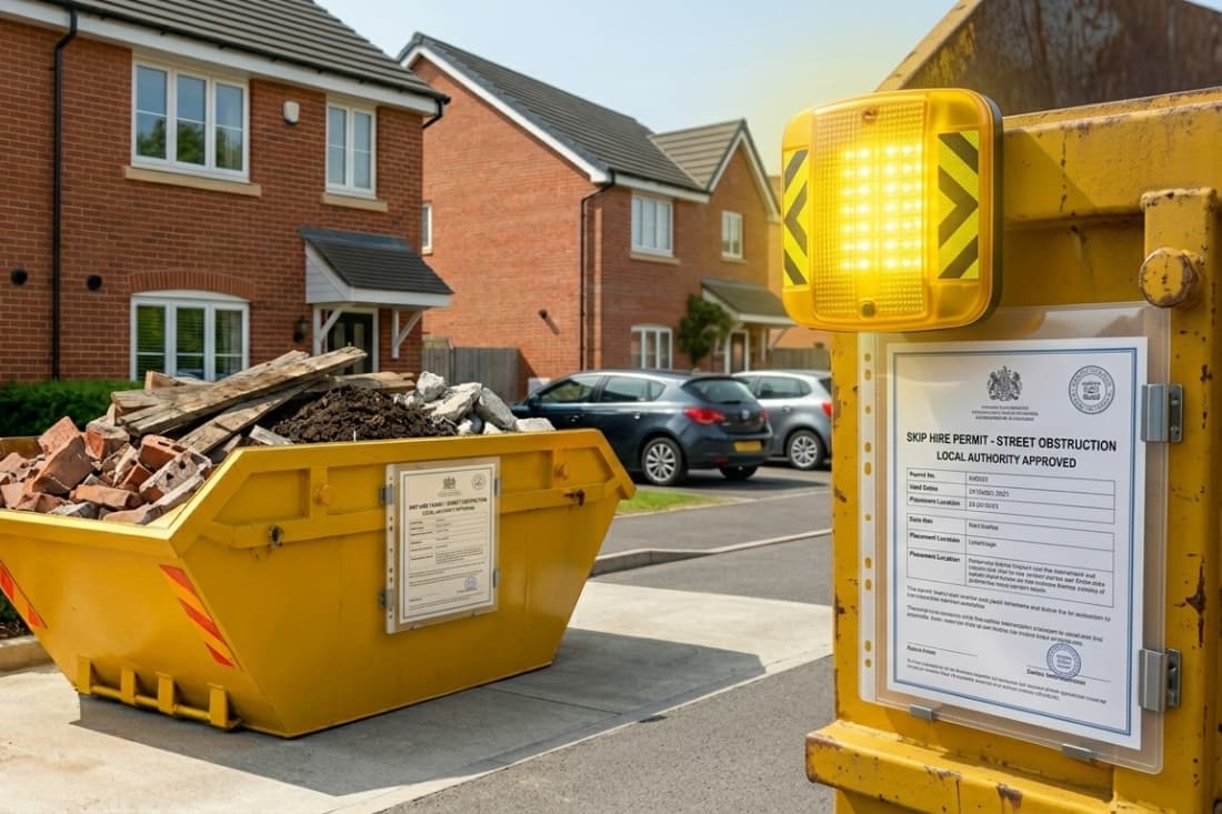 Skip hire service provider overseeing a container on a residential street, highlighting the role of skip hire in UK home improvement projects.