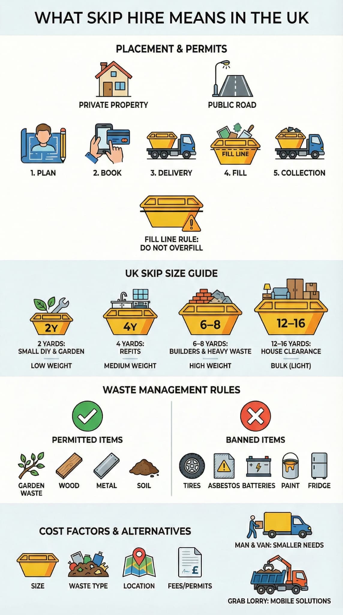 Visually informative guide outlining the placement, permitting, and usage guidelines for skip hire containers within British residential communities.