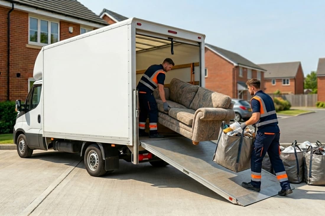 Moving van service facilitating home relocation in a residential neighborhood, demonstrating the role of professional movers in the UK.