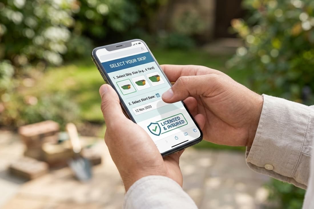 Hands holding a smartphone displaying the skip hire booking workflow, illustrating the seamless integration of technology into waste management solutions.