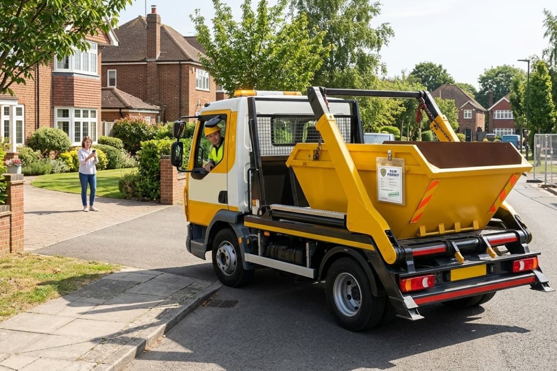 Skip hire delivery truck in a residential neighborhood, showcasing the final step in the comprehensive waste management service.
