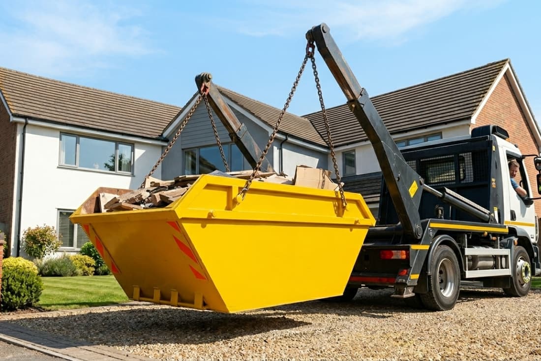 Specialized waste management vehicle removing a filled skip bin from a residential property, completing the skip hire service.