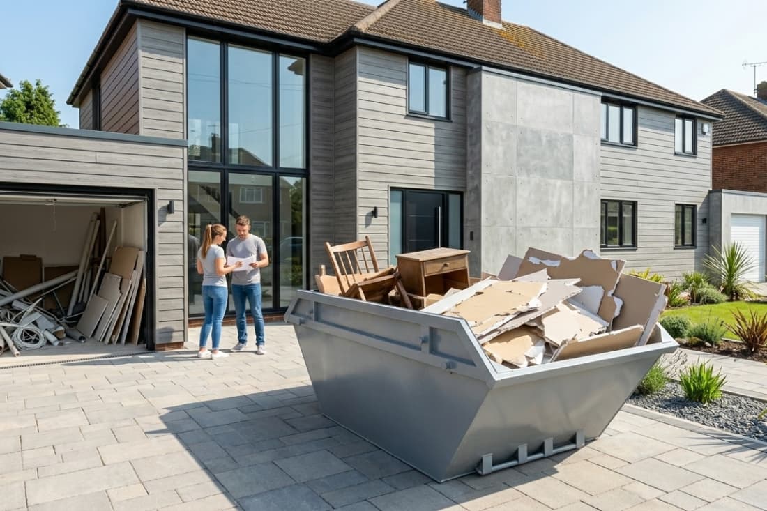 Residential property undergoing renovations, with a skip provided on-site to efficiently handle the resulting waste and clutter.