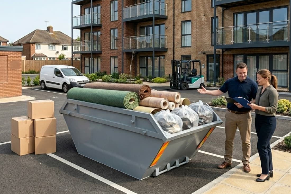 Residents supervising the loading of a skip container with construction materials, demonstrating the versatility of skip hire.