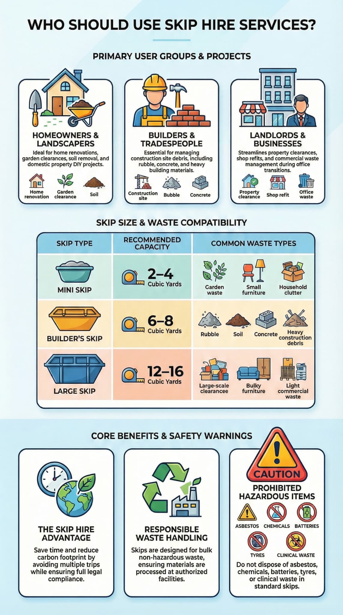 Informative infographic outlining the different types of skip containers and their recommended capacities based on common waste compatibility.