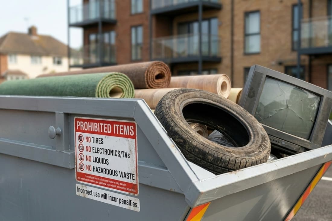 Skip container displaying prohibited items, highlighting the proper use of skip hire services for home projects.
