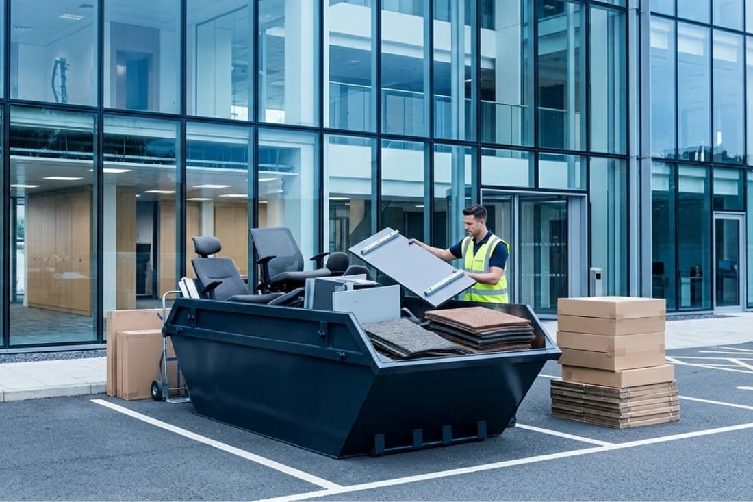Office clearance zone featuring a large skip container for disposing of various materials, demonstrating the suitability of skip hire services for business transitions.