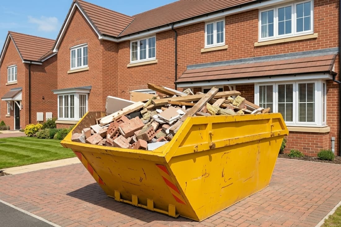 Skip hire vs other waste removal options featuring a yellow skip filled with mixed construction waste on a brick driveway.