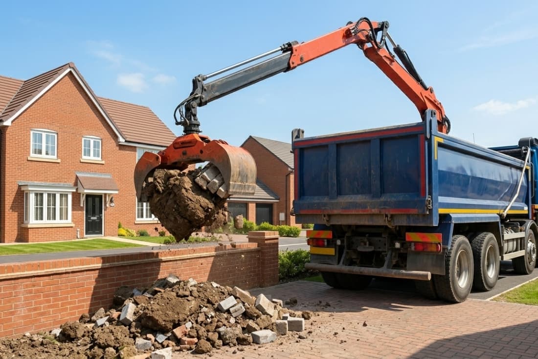 Skip hire vs other waste removal options with a grab lorry using a hydraulic arm to remove soil and rubble residentially.