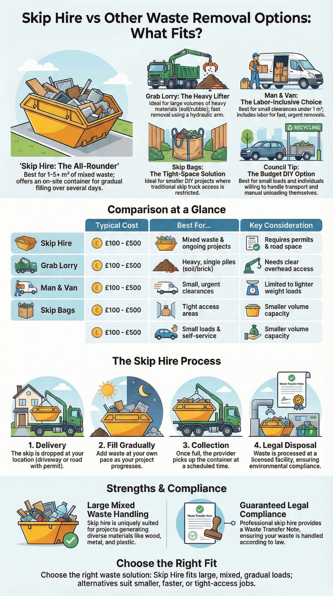 Skip hire vs other waste removal options infographic comparing grab lorry, man and van, skip bags, and council tip.