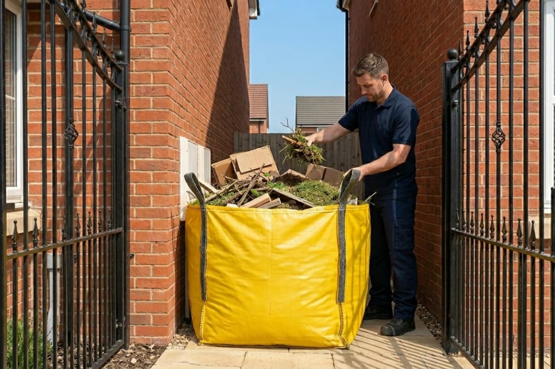 Skip hire vs other waste removal options shown as a man filling a yellow skip bag in a tight gated side access.