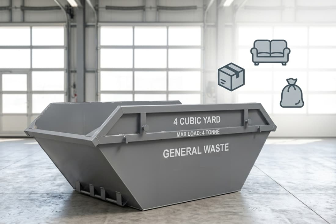 Skip types & container options illustrated by a grey 4-cubic-yard general waste skip displayed inside a clean warehouse space.