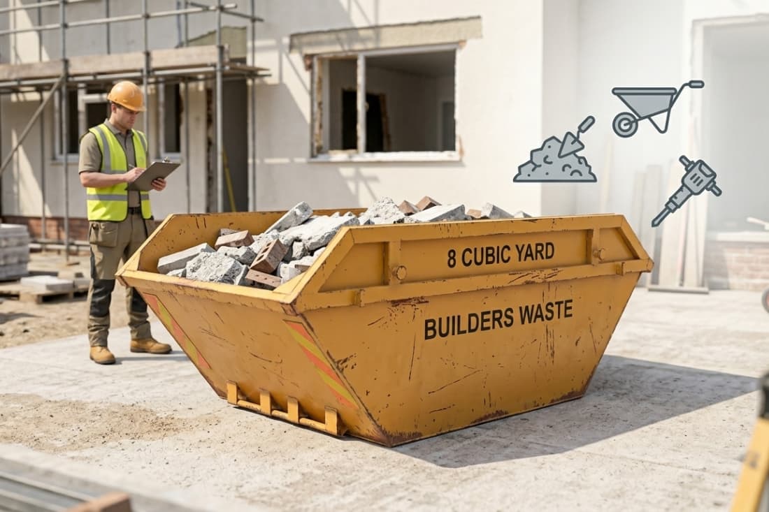 Skip types & container options shown as a worker inspects an 8-yard builders waste skip loaded with rubble on a construction site.