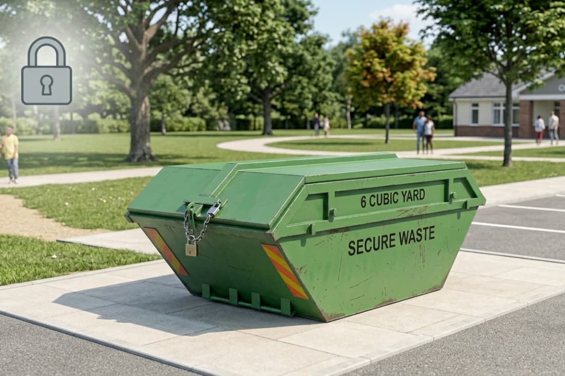 Skip types & container options featuring a lidded enclosed green skip with a padlock placed in a public park area.