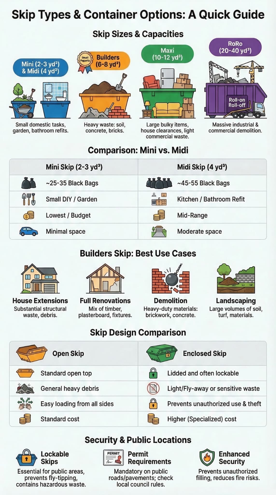 Skip types & container options quick guide infographic comparing mini, builders, maxi, and RoRo skips with design and permit info.