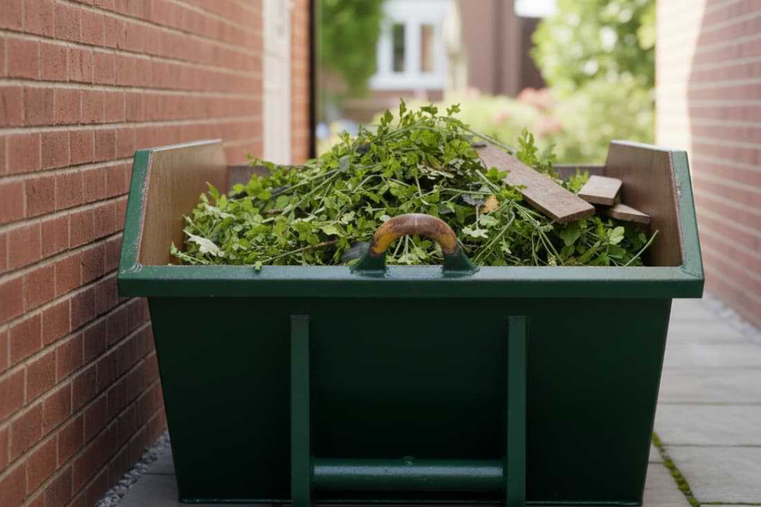 Different skip types explained simply featuring a green mini skip packed with garden clippings in a narrow residential passage.