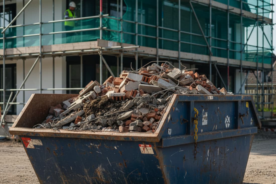 Different skip types explained simply as a large blue builder's skip overflows with bricks and rubble at a construction site.