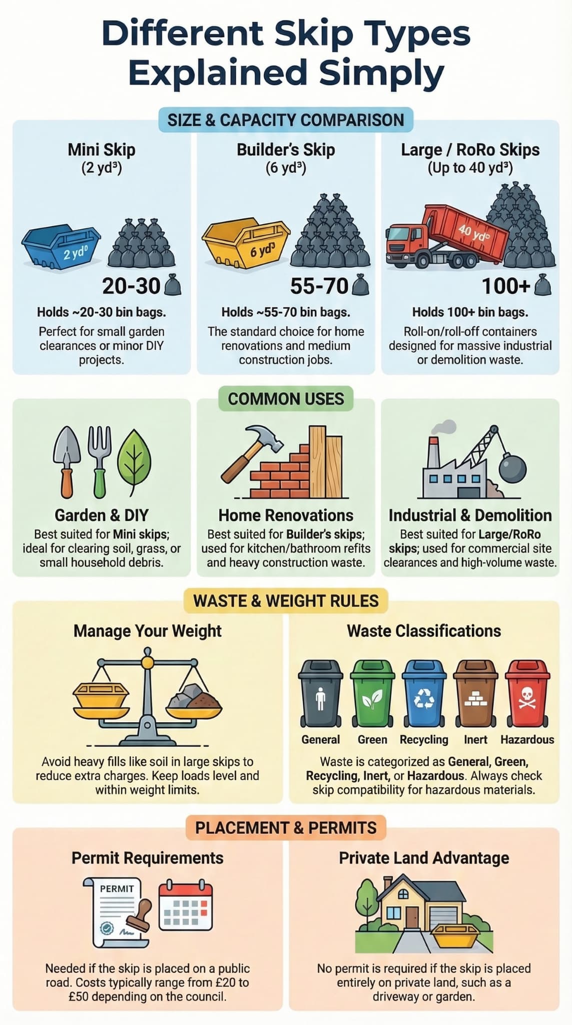 Different skip types explained simply in an infographic covering mini, builder's, and RoRo skips with uses and permit rules.