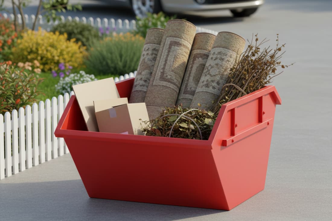 Mini skip vs midi skip differences illustrated by a compact red mini skip filled with rolled carpets and garden waste.