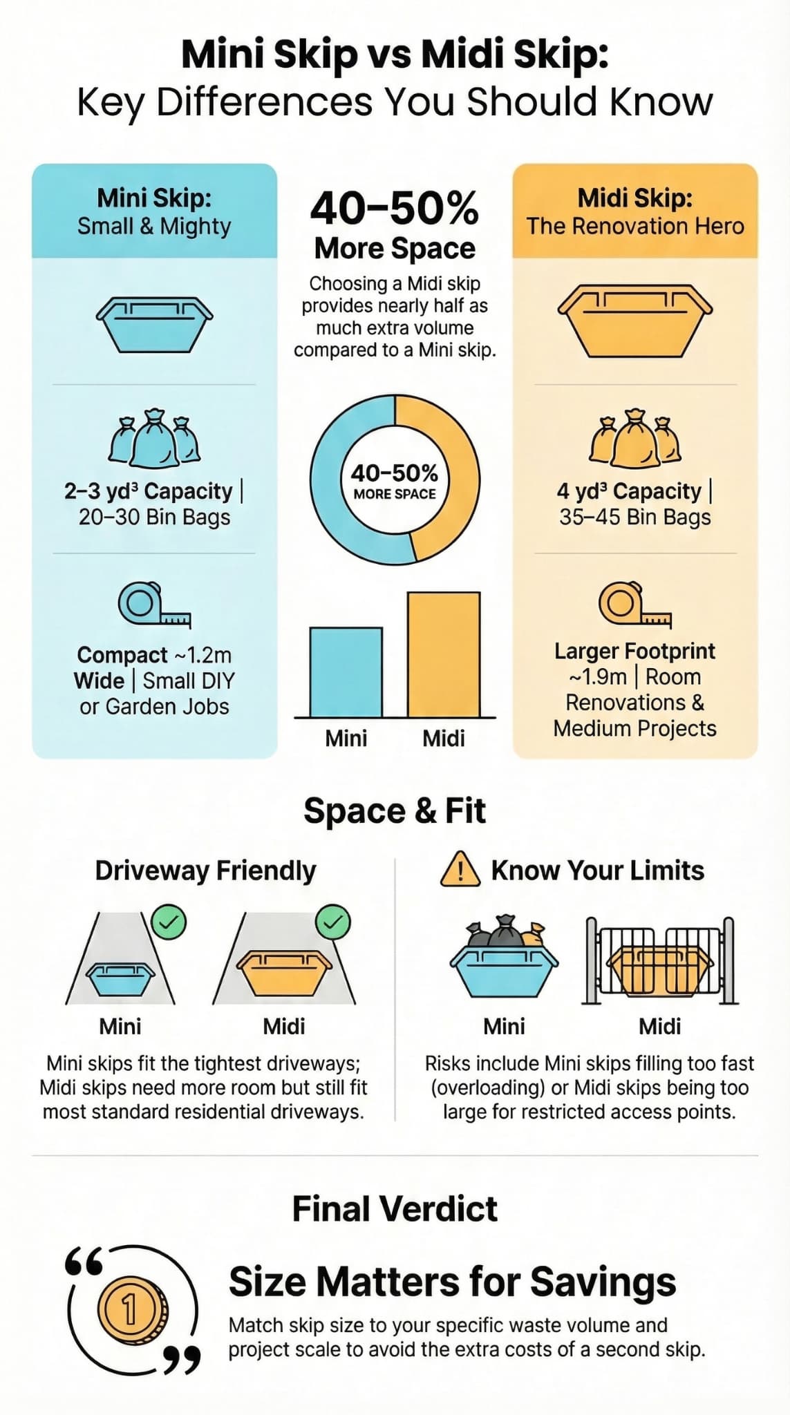 Mini skip vs midi skip differences infographic showing capacity, driveway fit, space comparison, and size verdict.
