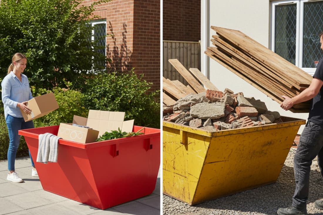 Mini skip vs midi skip differences with a woman loading a red mini skip and a man filling a yellow midi skip with timber.