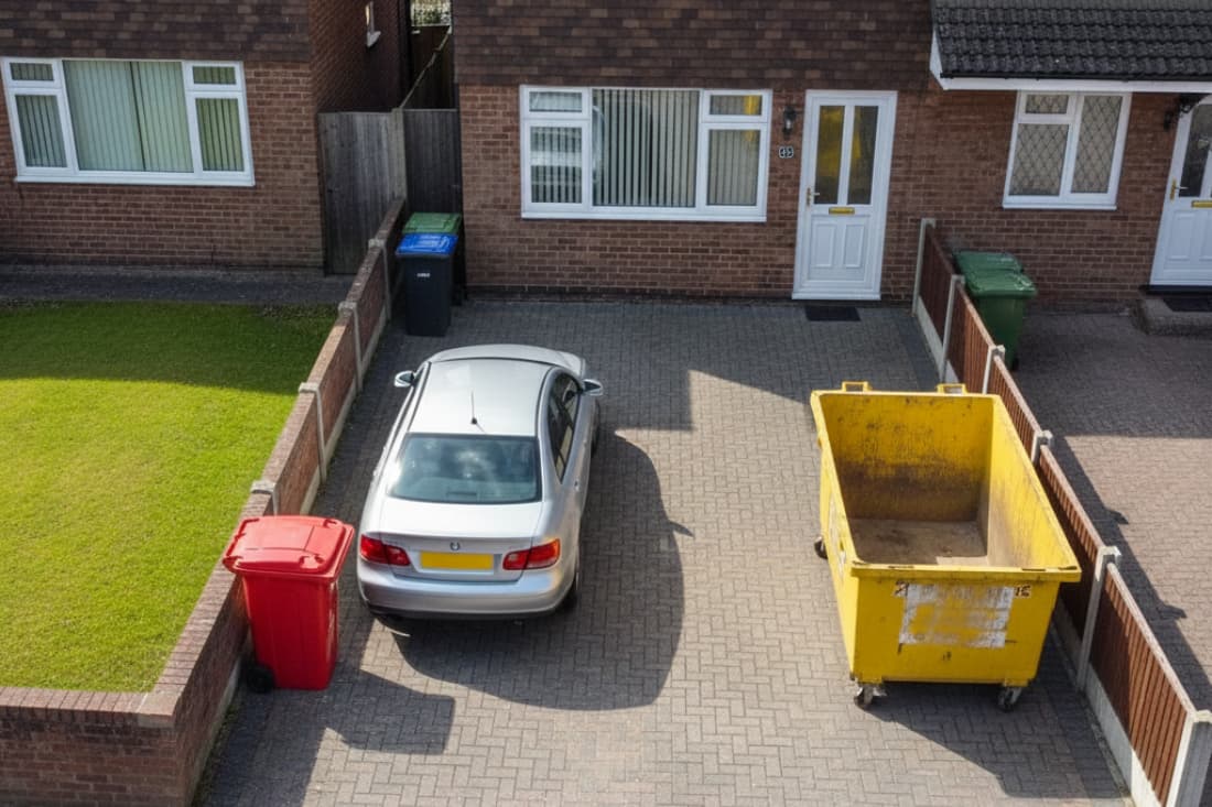 Mini skip vs midi skip differences shown as a yellow skip sits beside a parked car on a residential brick driveway.