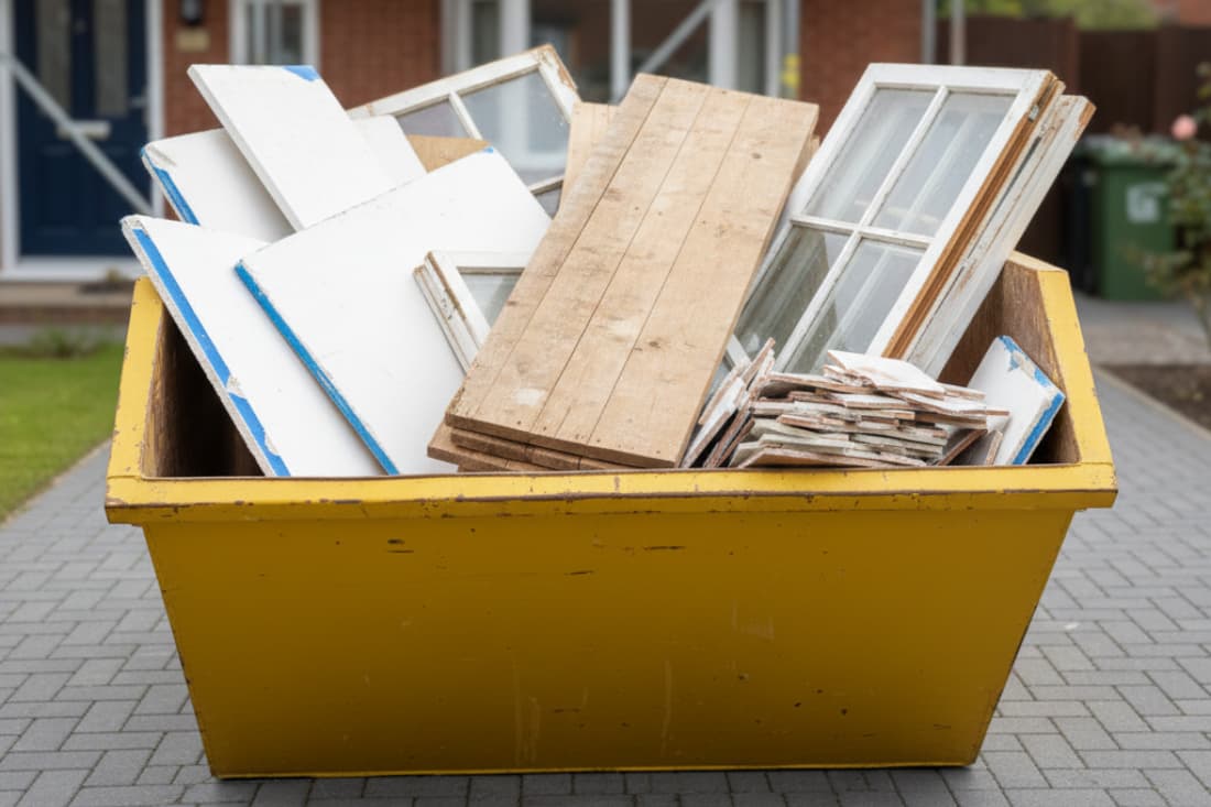 Builders skip best use cases featuring a yellow skip loaded with old doors, window frames, and timber renovation debris.