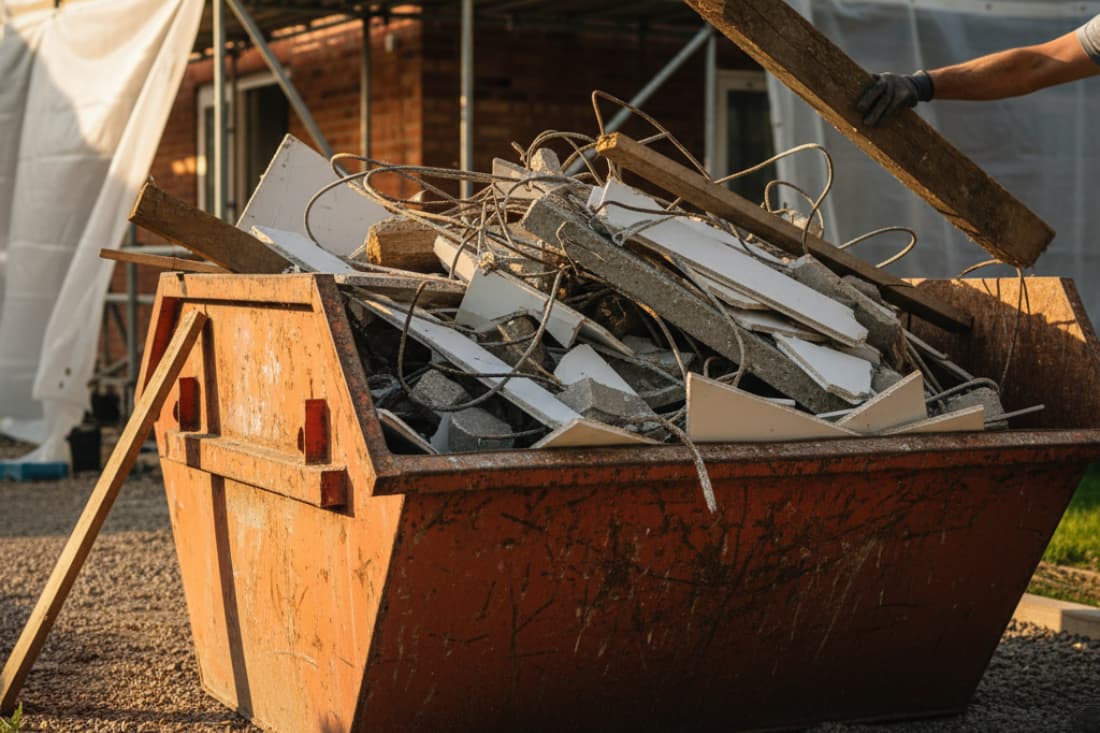 Enclosed skip vs open skip with a worker loading heavy timber and construction debris into a rusty open skip on a building site.