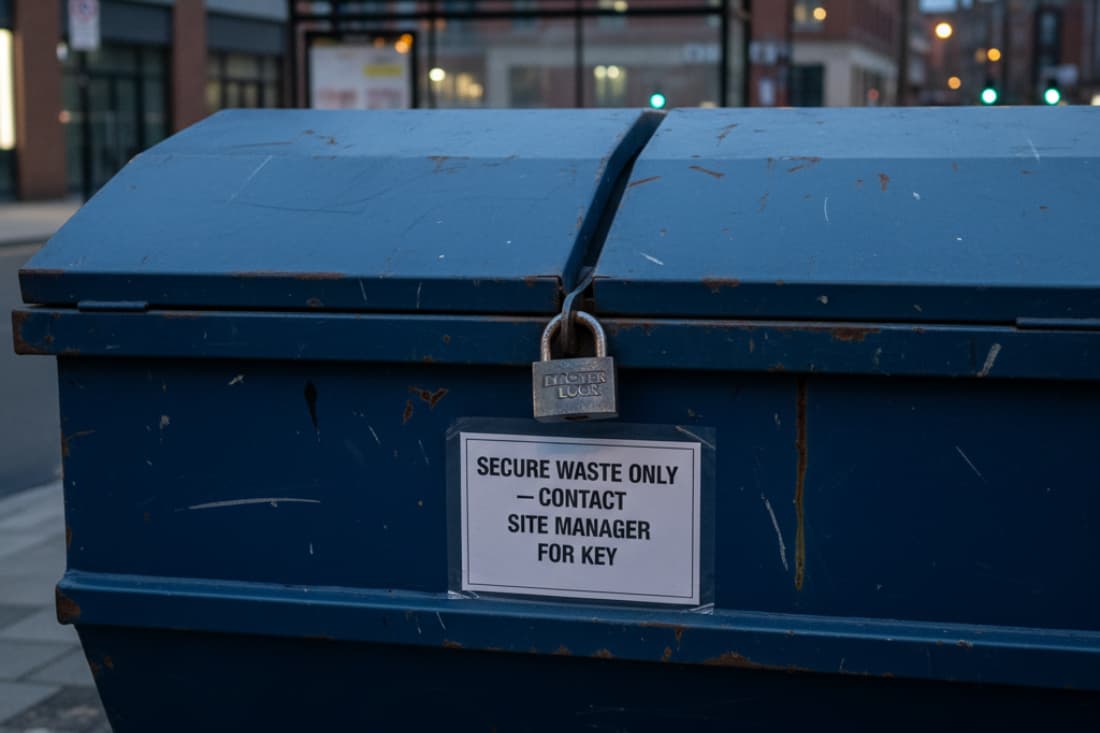 Enclosed skip vs open skip shown as a blue lidded skip secured with a padlock on an urban street at dusk.