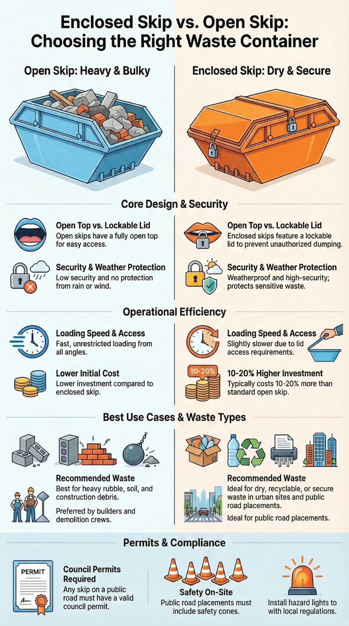 Enclosed skip vs open skip infographic comparing design, security, loading speed, waste types, and council permit requirements.