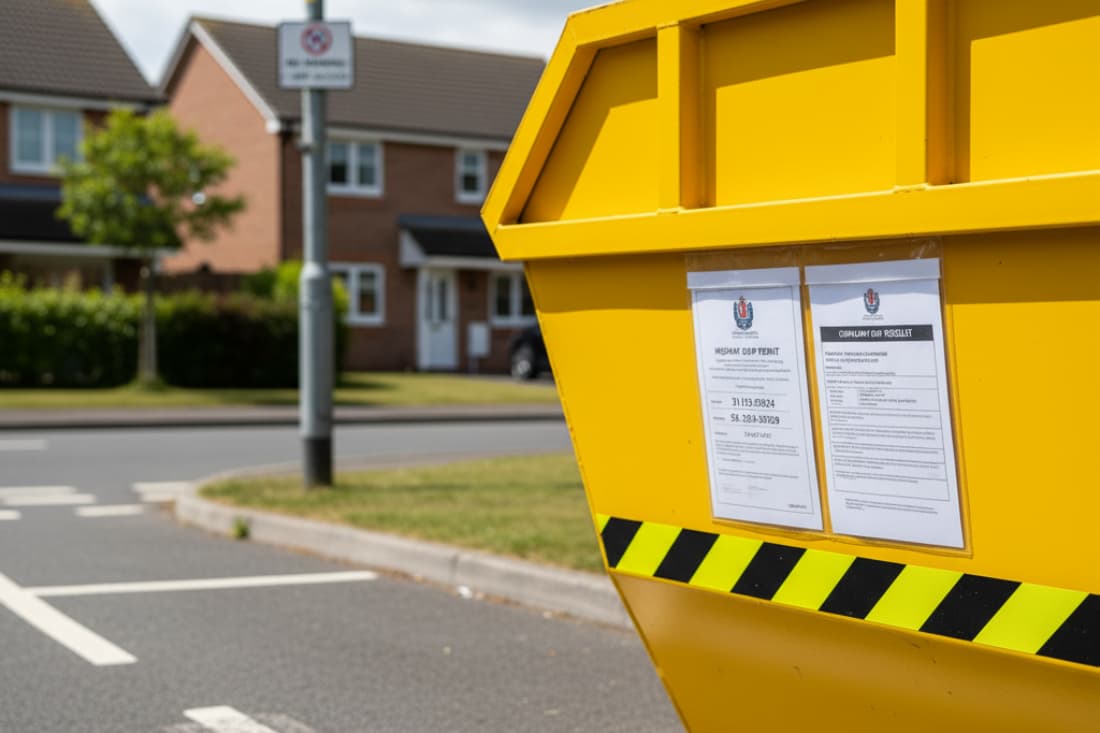 Enclosed skip vs open skip featuring a yellow open skip displaying council permit documents on a residential road.