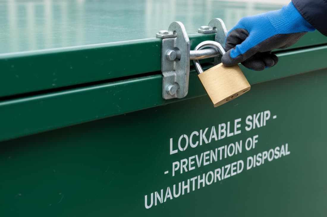 Lockable skips for public locations illustrated by a gloved hand securing a brass padlock on a green enclosed skip lid.