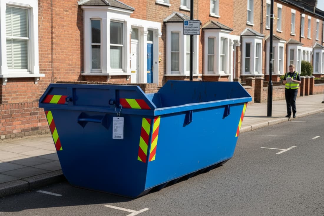 Lockable skips for public locations shown as a blue skip with reflective chevron markings placed on a residential street.