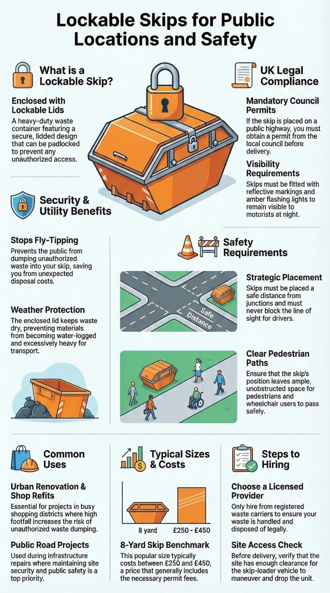 Lockable skips for public locations infographic covering security benefits, council permits, safety rules, and hiring steps.