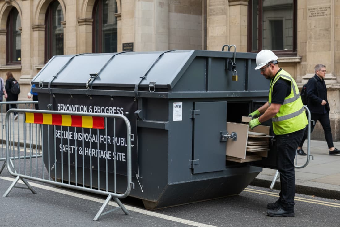 Lockable skips for public locations with a worker loading waste into a padlocked grey enclosed skip outside a heritage building.