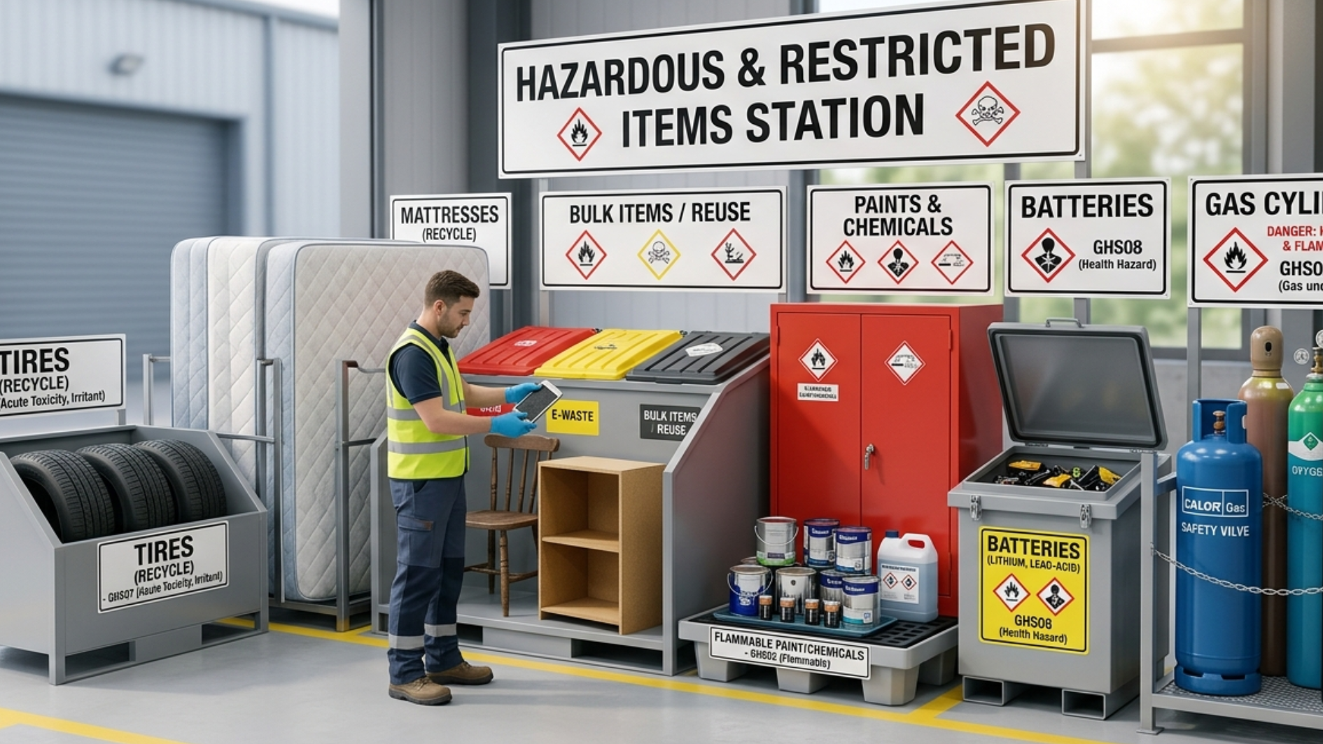 An employee in a high-visibility vest stands by a hazardous items collection station with signs, bins for tires, batteries, paints, and gas cylinders.