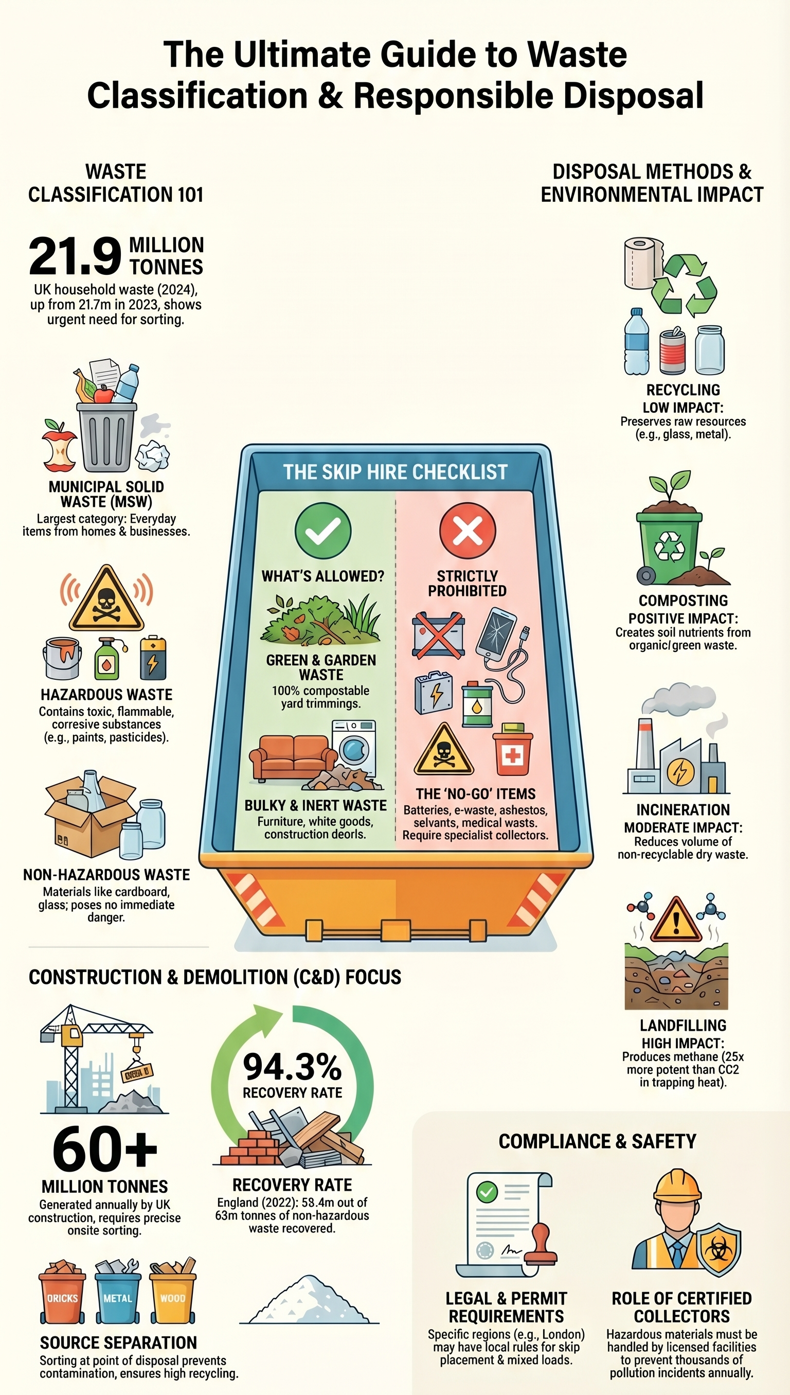 Infographic on waste classification and disposal: UK waste stats, MSW, hazardous types, skip checklist, recycling, composting, incineration and landfill impacts.