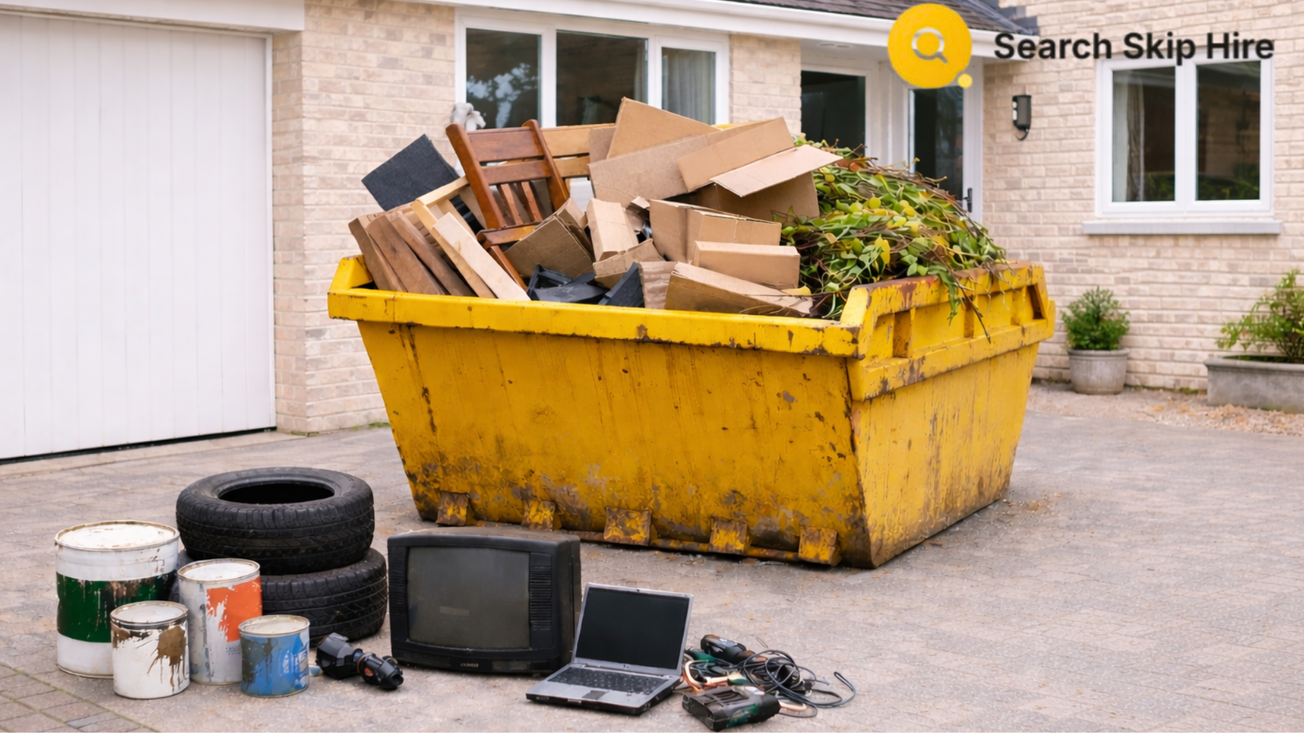 Yellow skip on UK driveway with wood, cardboard, and garden waste inside. Paint cans, tires, and electronics placed separately beside it for contrast.