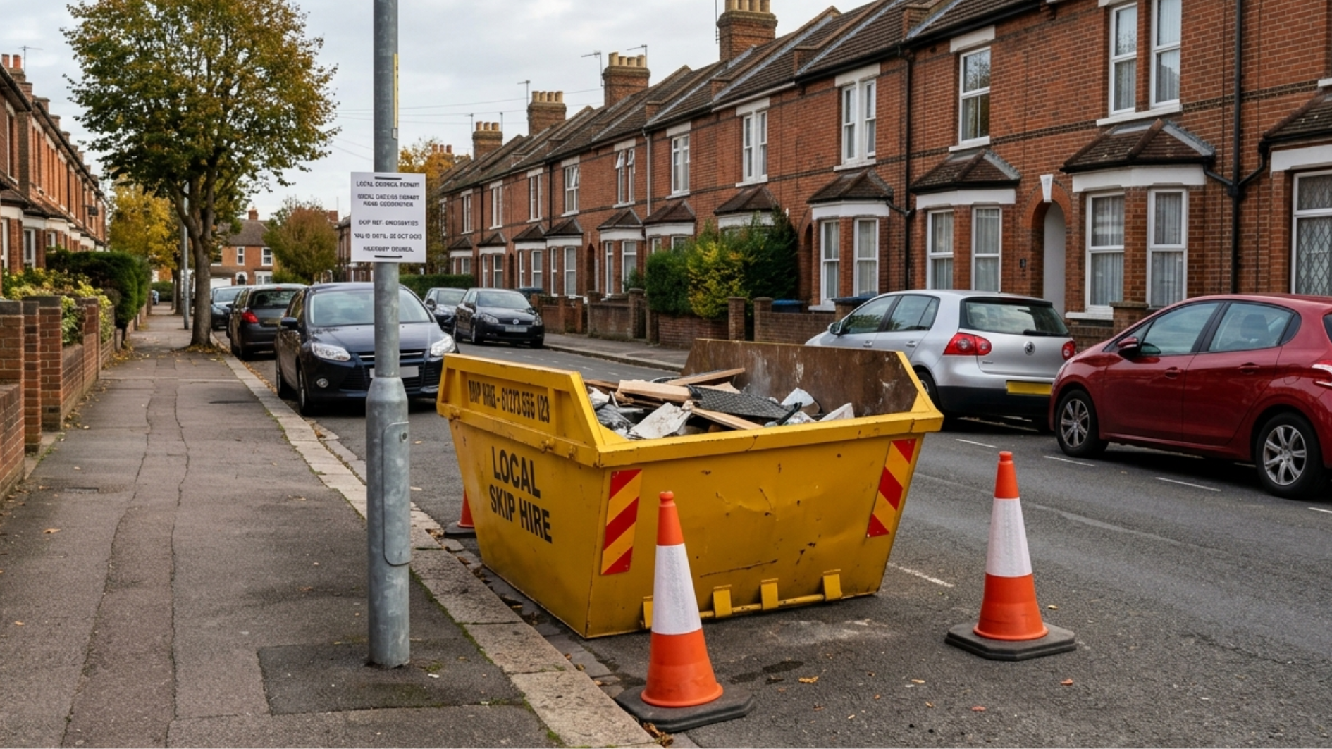 A yellow skip full of construction waste sits at the roadside of a quiet suburban street, between two rows of parked cars.