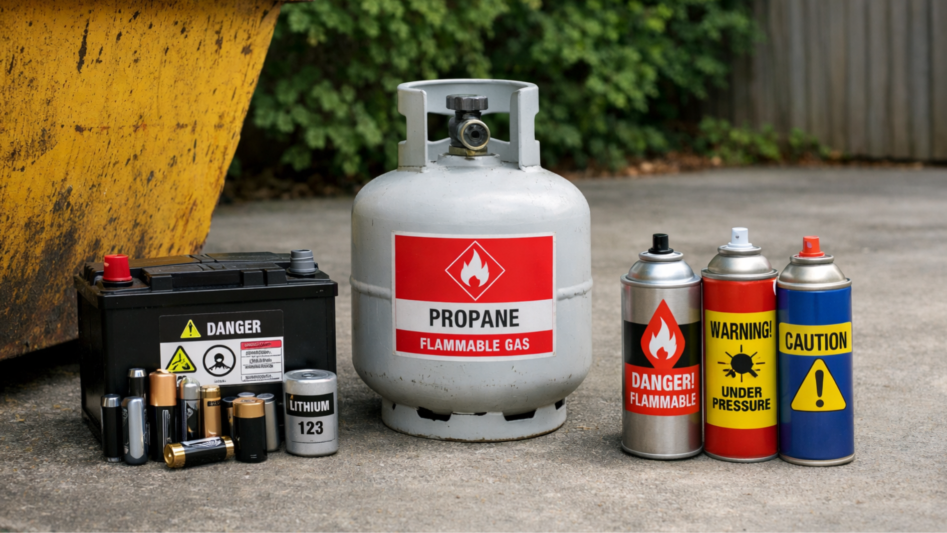 Driveway scene with batteries, propane tank, and aerosol cans placed beside a skip bin, clearly separated and labeled as hazardous, not for disposal inside.