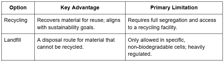 Plasterboard disposal rules UK comparison table showing recycling vs landfill key advantages and primary limitations