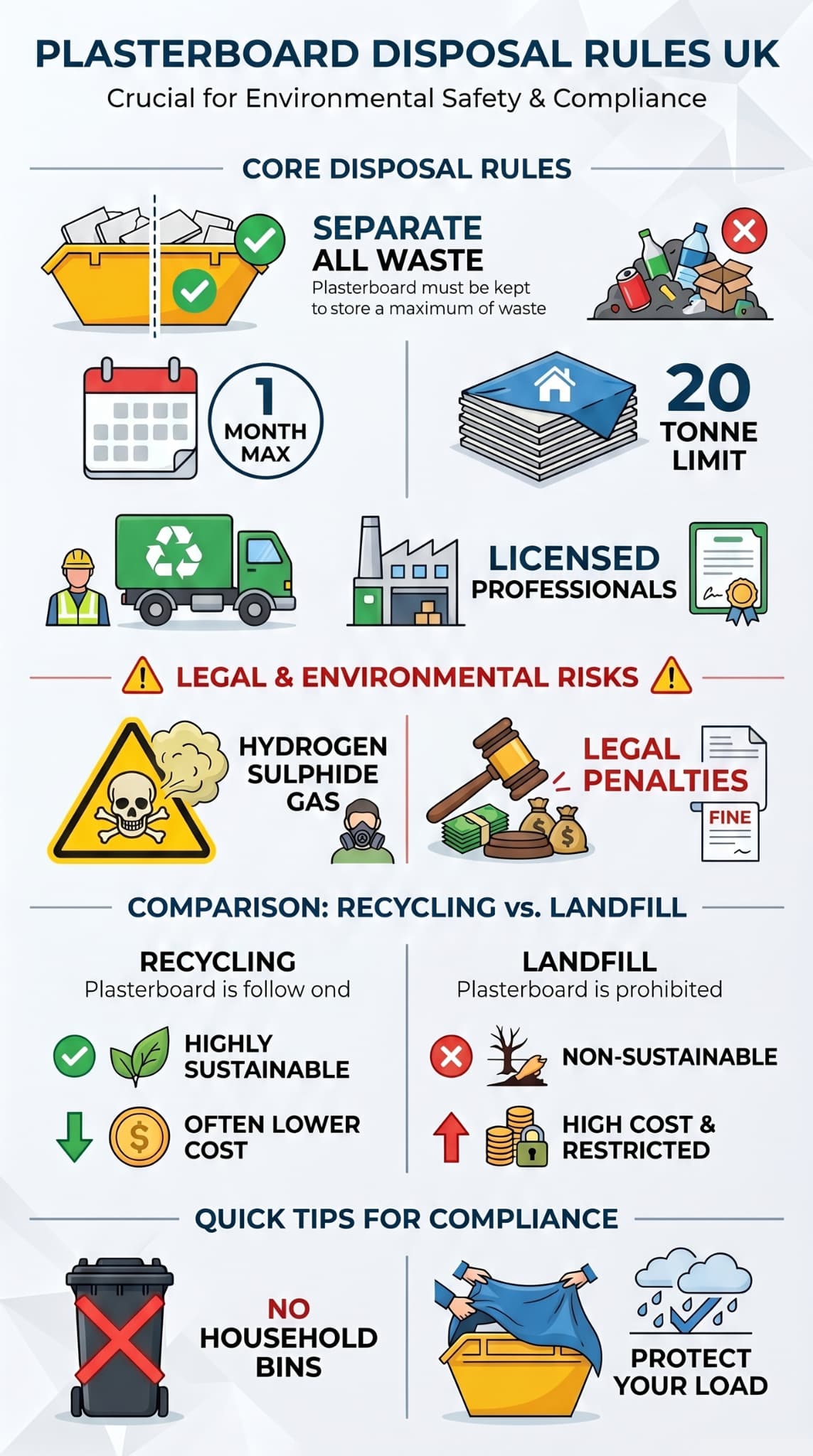 Plasterboard disposal rules UK comparison table showing recycling vs landfill key advantages and primary limitations.