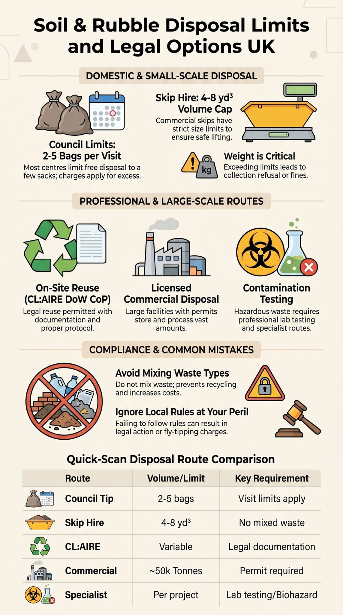 Soil and rubble disposal limits infographic covering council routes skip hire CL:AIRE and compliance mistakes.