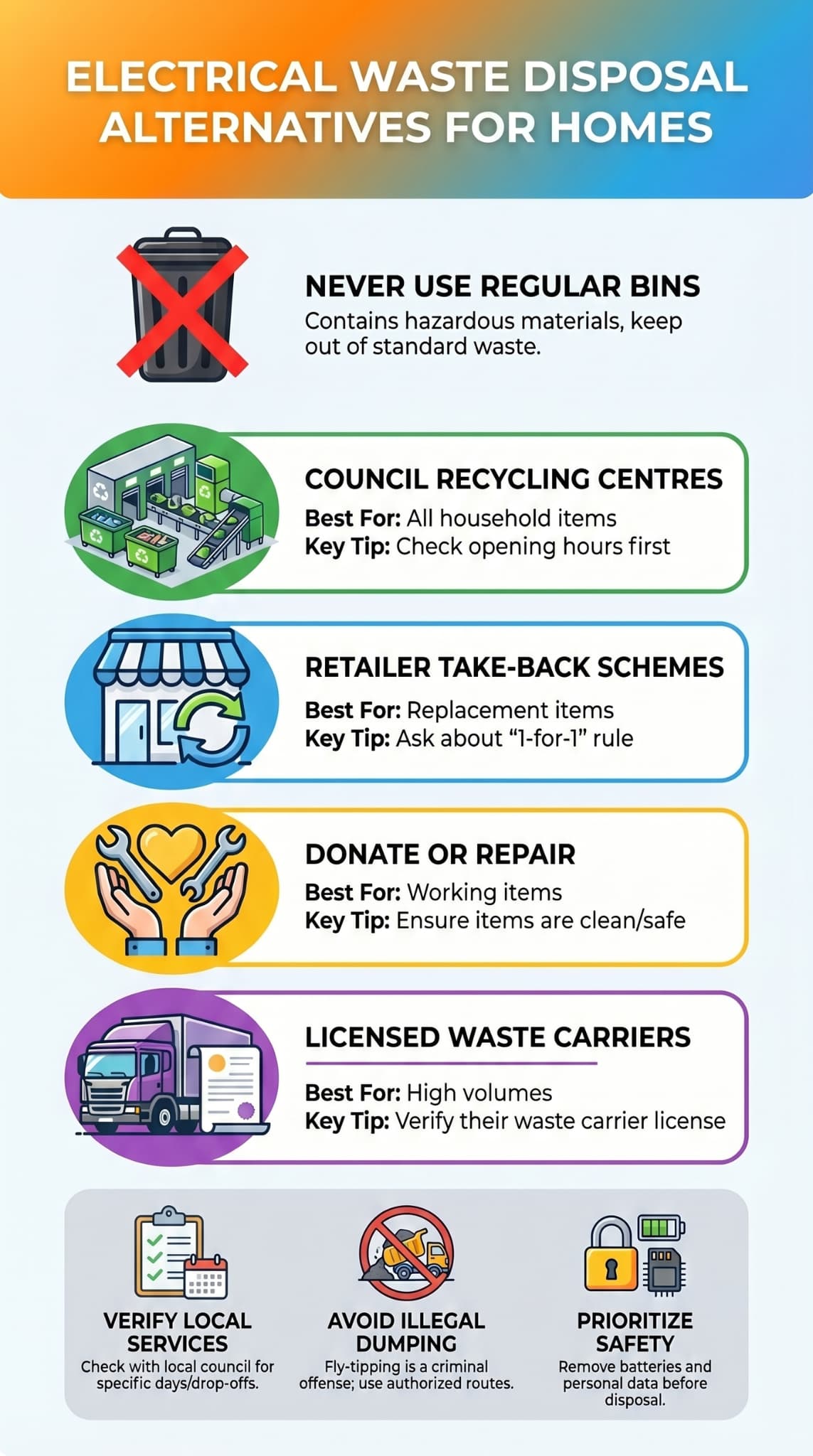 Infographic showing various household Electrical waste disposal alternatives like recycling and donation.