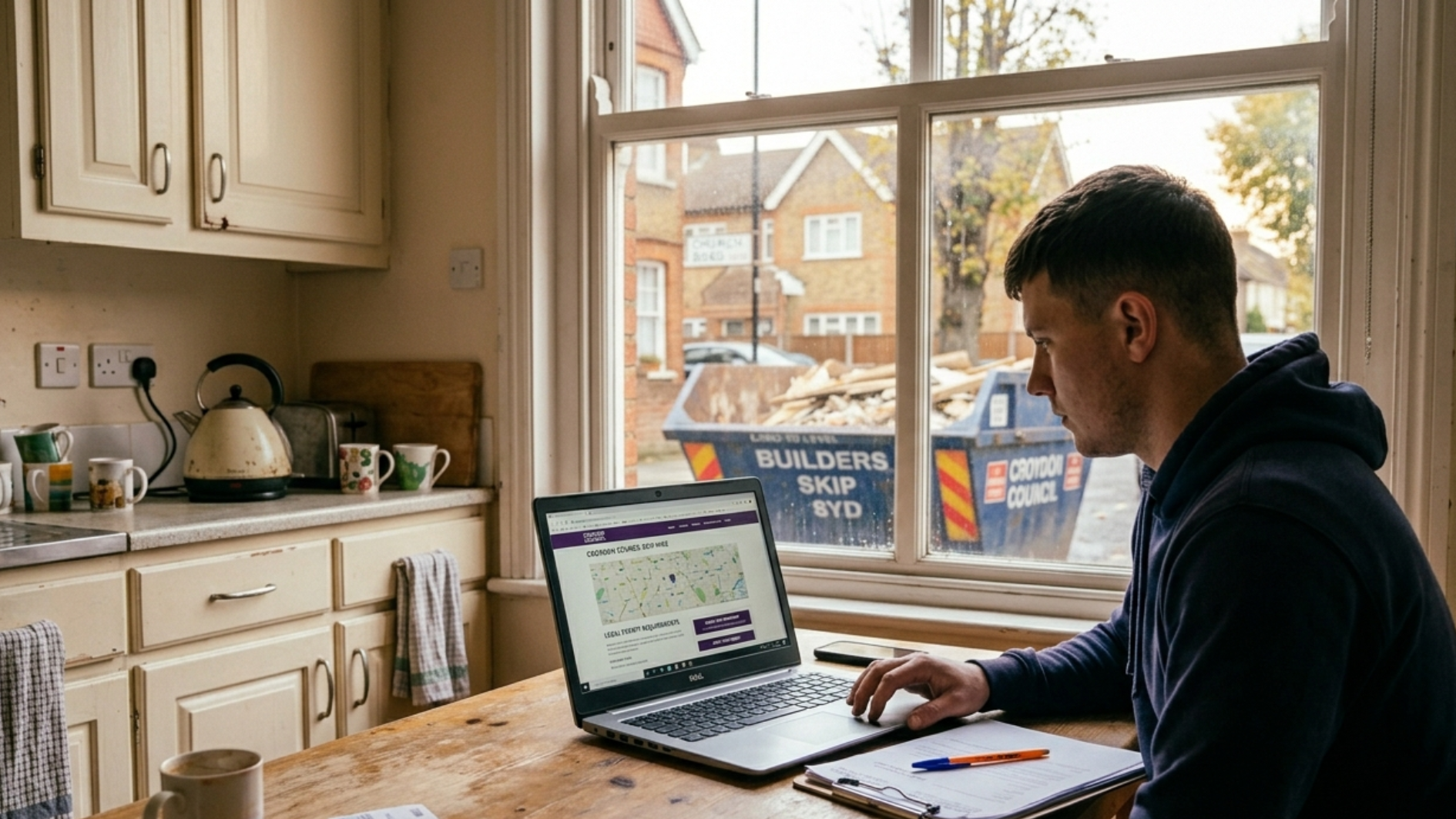 A man works on a laptop at a kitchen table, paperwork beside him, looking out at a builders skip on a residential street through the window.
