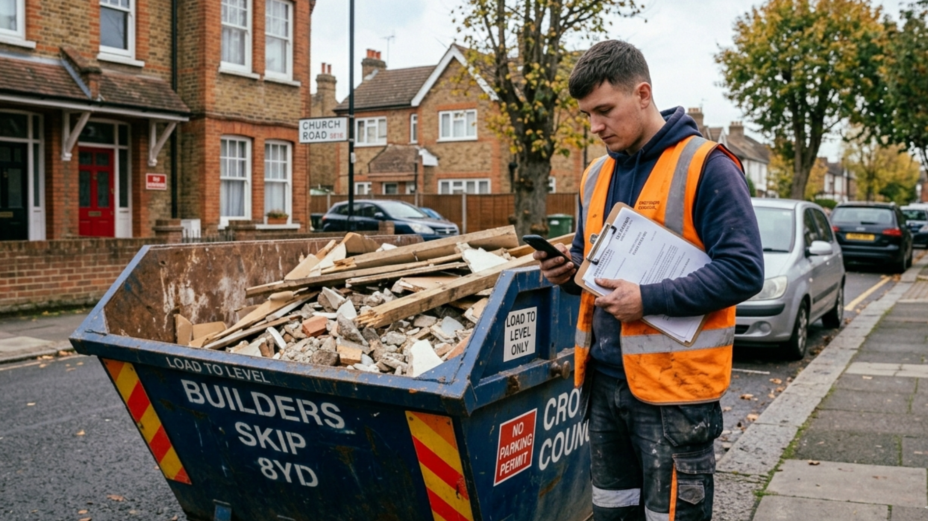 Construction worker in orange vest checks phone and clipboard beside a filled builders skip on a residential street with parked cars and brick houses.