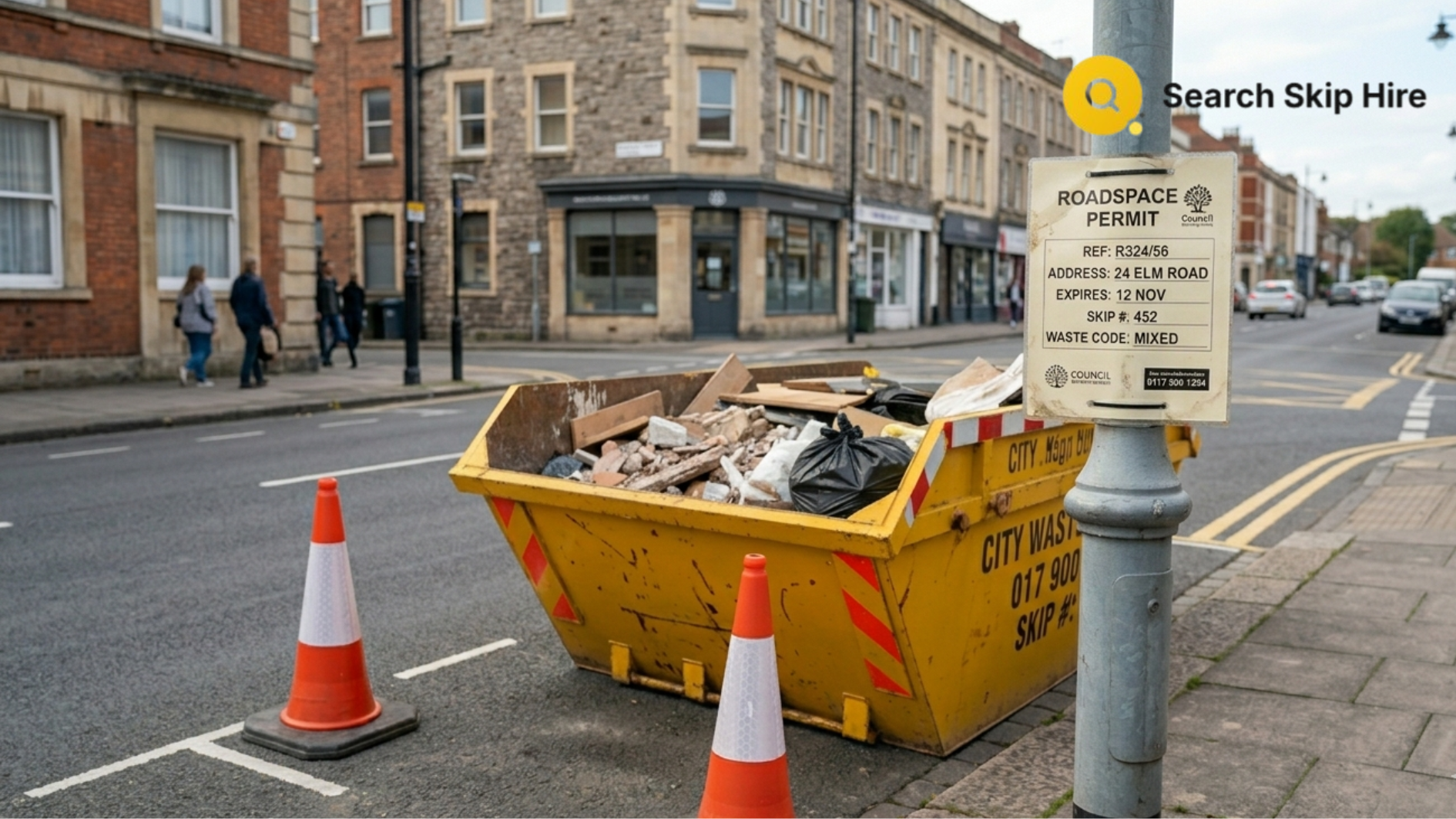 A yellow skip full of construction debris sits on a residential street next to traffic cones and a lamp post with a street works permit.